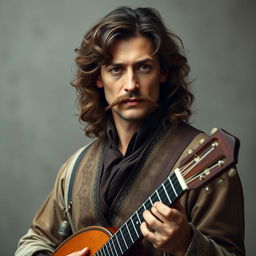 A mature human bard in his late thirties, with slightly curly, long brown hair and a fancy, well-groomed mustache, complemented by serious brown eyes