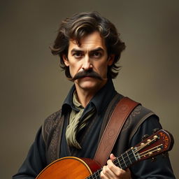 A mature human bard in his late thirties, with slightly curly, long brown hair and a fancy, well-groomed mustache, complemented by serious brown eyes