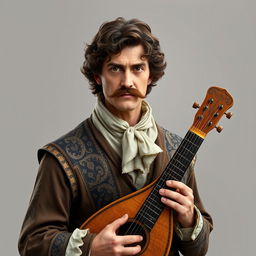 A mature human bard in his late thirties, with slightly curly, long brown hair and a fancy, well-groomed mustache, complemented by serious brown eyes