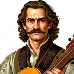 A mature human bard in his late thirties, with slightly curly, long brown hair and a fancy, well-groomed mustache, complemented by serious brown eyes