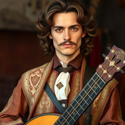 A human bard aged between 25 and 30, with slightly curly, long brown hair, a fancy, well-groomed mustache, and serious brown eyes