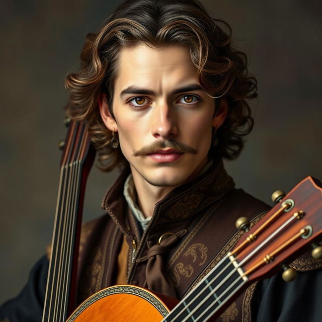 A human bard aged between 25 and 30, with slightly curly, long brown hair, a fancy, well-groomed mustache, and serious brown eyes