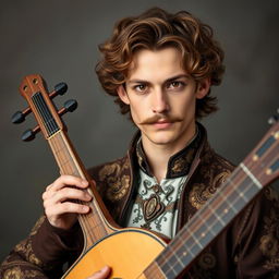 A human bard aged between 25 and 30, with slightly curly, long brown hair, a fancy, well-groomed mustache, and serious brown eyes