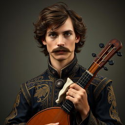 A human bard aged between 25 and 30, with slightly curly, long brown hair, a fancy, well-groomed mustache, and serious brown eyes