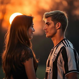 A tall, athletic young man with blonde-brunette hair, wearing a Juventus football jersey, stands in front of a beautiful girl with long brown hair, slightly shorter than him