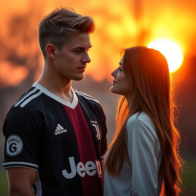 A tall, athletic young man with blonde-brunette hair, wearing a Juventus football jersey, stands in front of a beautiful girl with long brown hair, slightly shorter than him