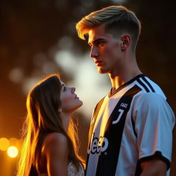 A tall, athletic young man with blonde-brunette hair, wearing a Juventus football jersey, stands in front of a beautiful girl with long brown hair, slightly shorter than him