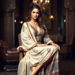 a beautiful Arabian lady sitting on a chair with elegance and poise, wearing an elaborate Arabian outfit that drapes gracefully around her, featuring intricate patterns and rich colors