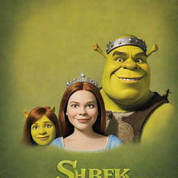 A stylish vintage poster for the movie Shrek, featuring Shrek, Donkey, and Princess Fiona in a fairy-tale themed background