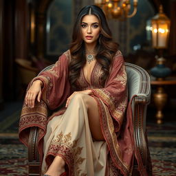 a beautiful Arabian lady sitting on a chair with elegance and poise, wearing an elaborate Arabian outfit that drapes gracefully around her, featuring intricate patterns and rich colors