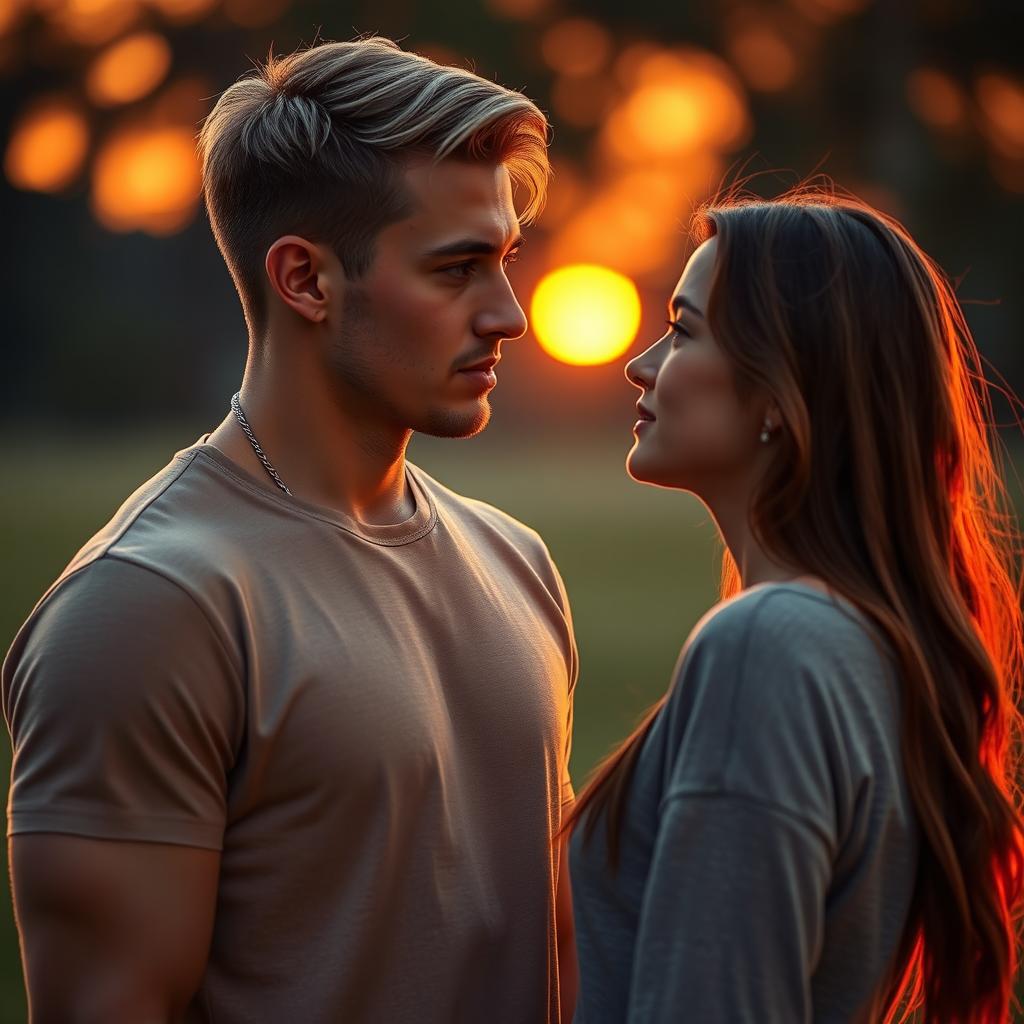 A tall, athletic young man with blonde-brunette hair, styled with a middle part like a Swedish boy, stands in front of a beautiful girl with long brown hair, slightly shorter than him