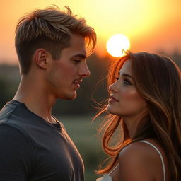 A tall, athletic young man with blonde-brunette hair, styled with a middle part like a Swedish boy, stands in front of a beautiful girl with long brown hair, slightly shorter than him