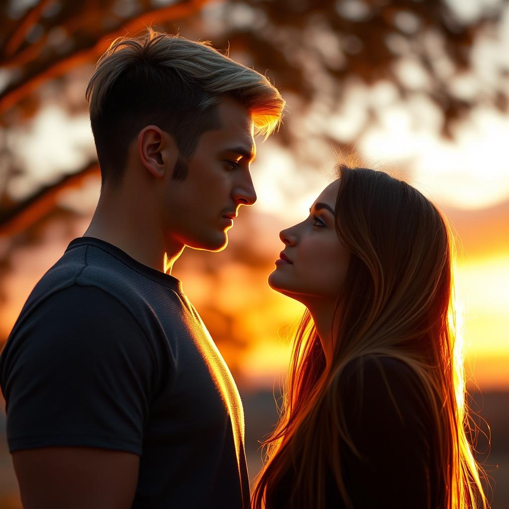 A tall, athletic young man with blonde-brunette hair, styled with a middle part like a Swedish boy, stands in front of a beautiful girl with long brown hair, slightly shorter than him