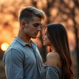 A tall, athletic young man with blonde-brunette hair, styled with a middle part like a Swedish boy, stands in front of a beautiful girl with long brown hair, slightly shorter than him