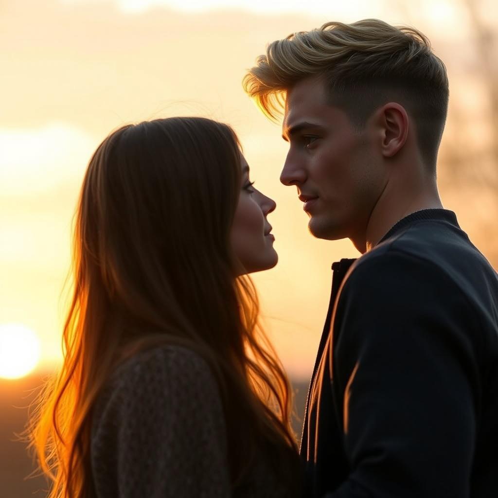 A tall, athletic young man with blonde-brunette hair, styled with a middle part like a Swedish boy, stands in front of a beautiful girl with long brown hair, slightly shorter than him