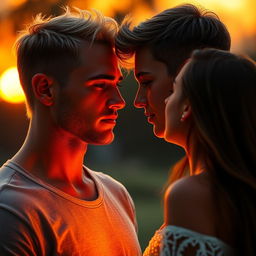 A tall, athletic young man with blonde-brunette hair, styled with a middle part like a Swedish boy, stands in front of a beautiful girl with long brown hair, slightly shorter than him