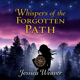 A captivating novel cover depicting a mysterious forest during twilight, with an ethereal glow illuminating the trees