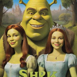 A stylish vintage poster for the movie Shrek, featuring Shrek, Donkey, and Princess Fiona in a fairy-tale themed background