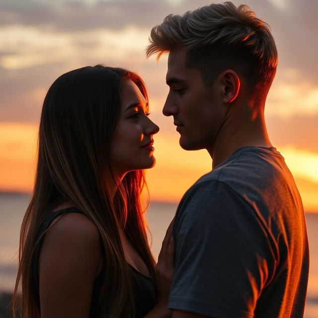 A tall, athletic young man with blonde-brunette hair, styled with a middle part like a Swedish boy, stands in front of a beautiful girl with long brown hair, slightly shorter than him