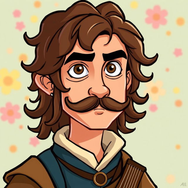 A cartoonish-style illustration of a human bard aged between 25 and 30 years old