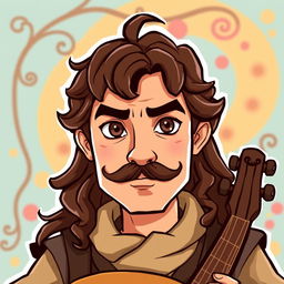 A cartoonish-style illustration of a human bard aged between 25 and 30 years old