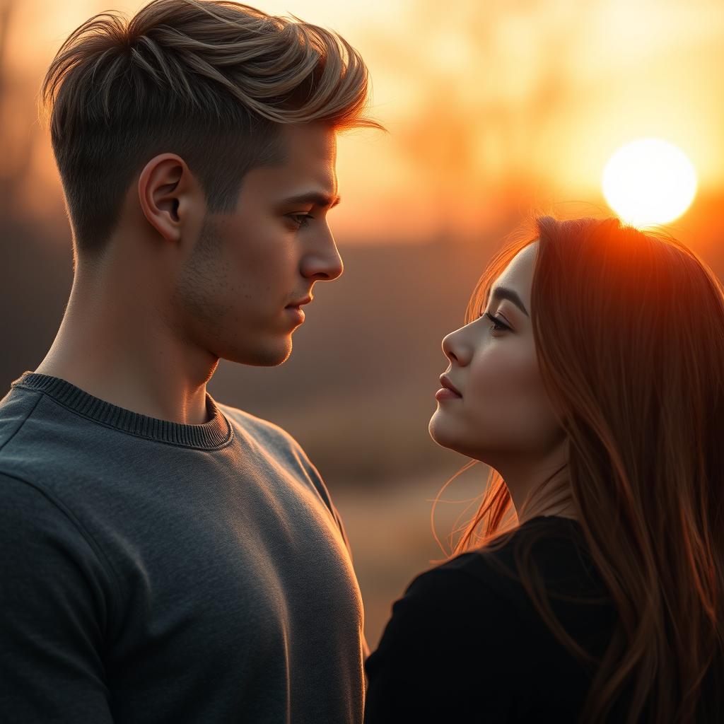 A tall, athletic young man with a soft and beautiful face, blonde-brunette hair styled with a middle part like a Swedish boy, stands in front of a beautiful girl with long brown hair, who is slightly shorter than him