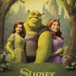 A stylish vintage poster for the movie Shrek, featuring Shrek, Donkey, and Princess Fiona in a fairy-tale themed background