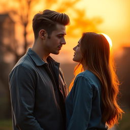 A tall, athletic young man with a soft and beautiful face, blonde-brunette hair styled with a middle part like a Swedish boy, stands in front of a beautiful girl with long brown hair, who is slightly shorter than him