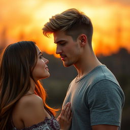 A tall, athletic young man with a soft and beautiful face, blonde-brunette hair styled with a middle part like a Swedish boy, stands in front of a beautiful girl with long brown hair, who is slightly shorter than him