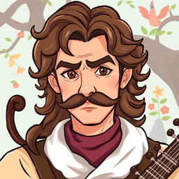 A stylized illustration of a human bard aged between 25 and 30 years old