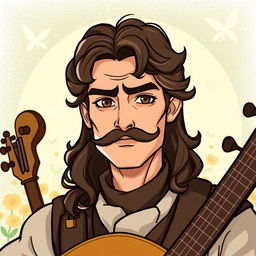 A stylized illustration of a human bard aged between 25 and 30 years old