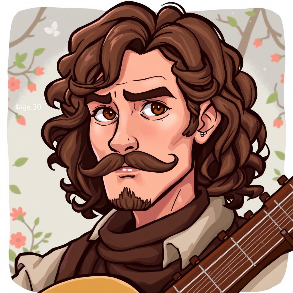 A stylized illustration of a human bard aged between 25 and 30 years old