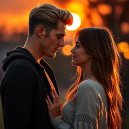 A tall, athletic young man resembling Kenan Yildiz with a soft and beautiful face and blonde-brunette hair styled with a middle part like a Swedish boy, stands in front of a beautiful girl with long brown hair, slightly shorter than him