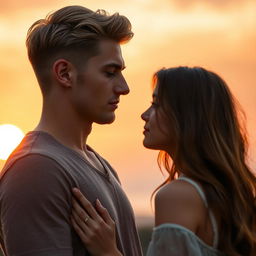 A tall, athletic young man resembling Kenan Yildiz with a soft and beautiful face and blonde-brunette hair styled with a middle part like a Swedish boy, stands in front of a beautiful girl with long brown hair, slightly shorter than him