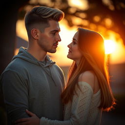 A tall, athletic young man resembling Kenan Yildiz with a soft and beautiful face and blonde-brunette hair styled with a middle part like a Swedish boy, stands in front of a beautiful girl with long brown hair, slightly shorter than him