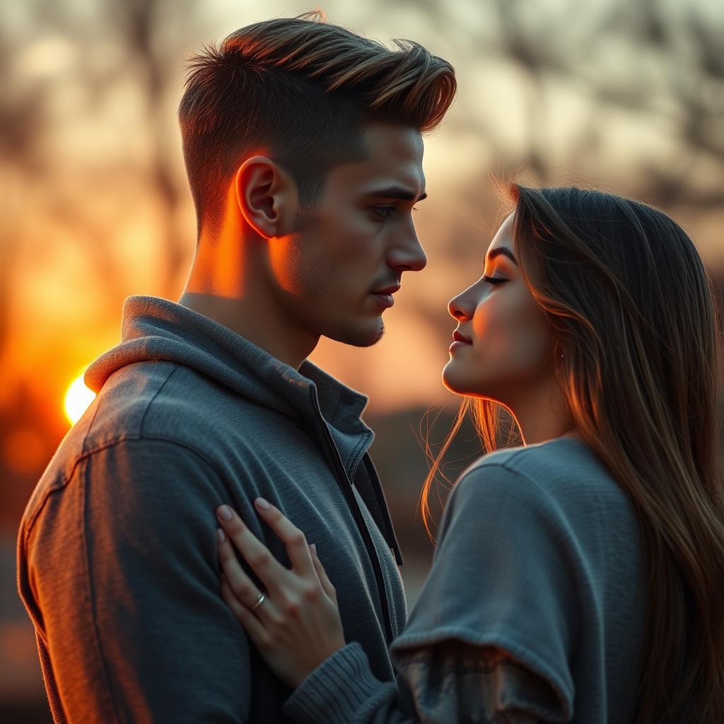 A tall, athletic young man resembling Kenan Yildiz with a soft and beautiful face and blonde-brunette hair styled with a middle part like a Swedish boy, stands in front of a beautiful girl with long brown hair, slightly shorter than him