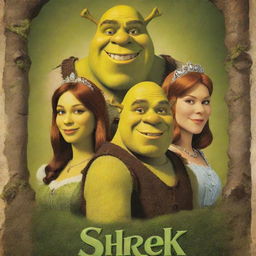 A stylish vintage poster for the movie Shrek, featuring Shrek, Donkey, and Princess Fiona in a fairy-tale themed background