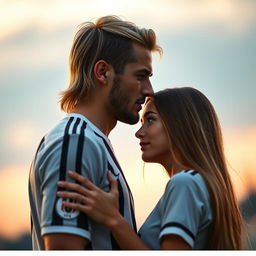 A romantic scene featuring a tall, athletic blonde football young star from Juventus with the likeness of Kenan Yildiz