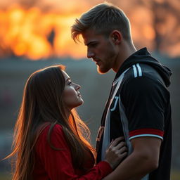 A romantic scene featuring a tall, athletic blonde football young star from Juventus with the likeness of Kenan Yildiz