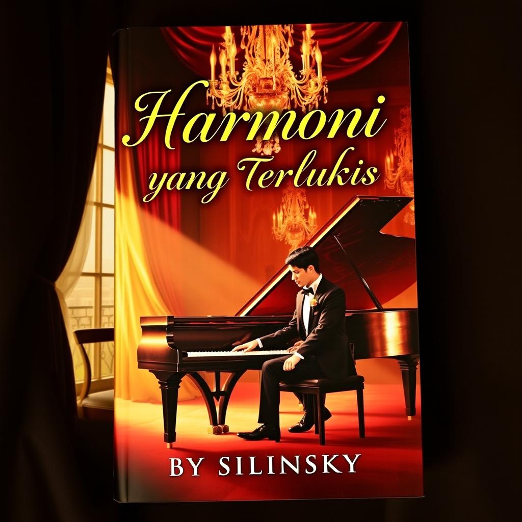 A novel cover featuring a luxurious painting as the background, depicting a male pianist seated at a grand piano with an air of elegance