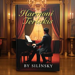 A novel cover featuring a luxurious painting as the background, depicting a male pianist seated at a grand piano with an air of elegance