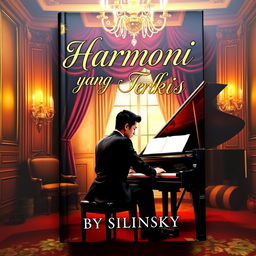 A novel cover featuring a luxurious painting as the background, depicting a male pianist seated at a grand piano with an air of elegance