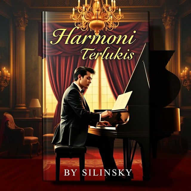 A novel cover featuring a luxurious painting as the background, depicting a male pianist seated at a grand piano with an air of elegance