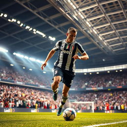 A dynamic scene featuring Vlahovic Dusan, a tall and athletic professional football player, captured in action inside the Allianz Stadium