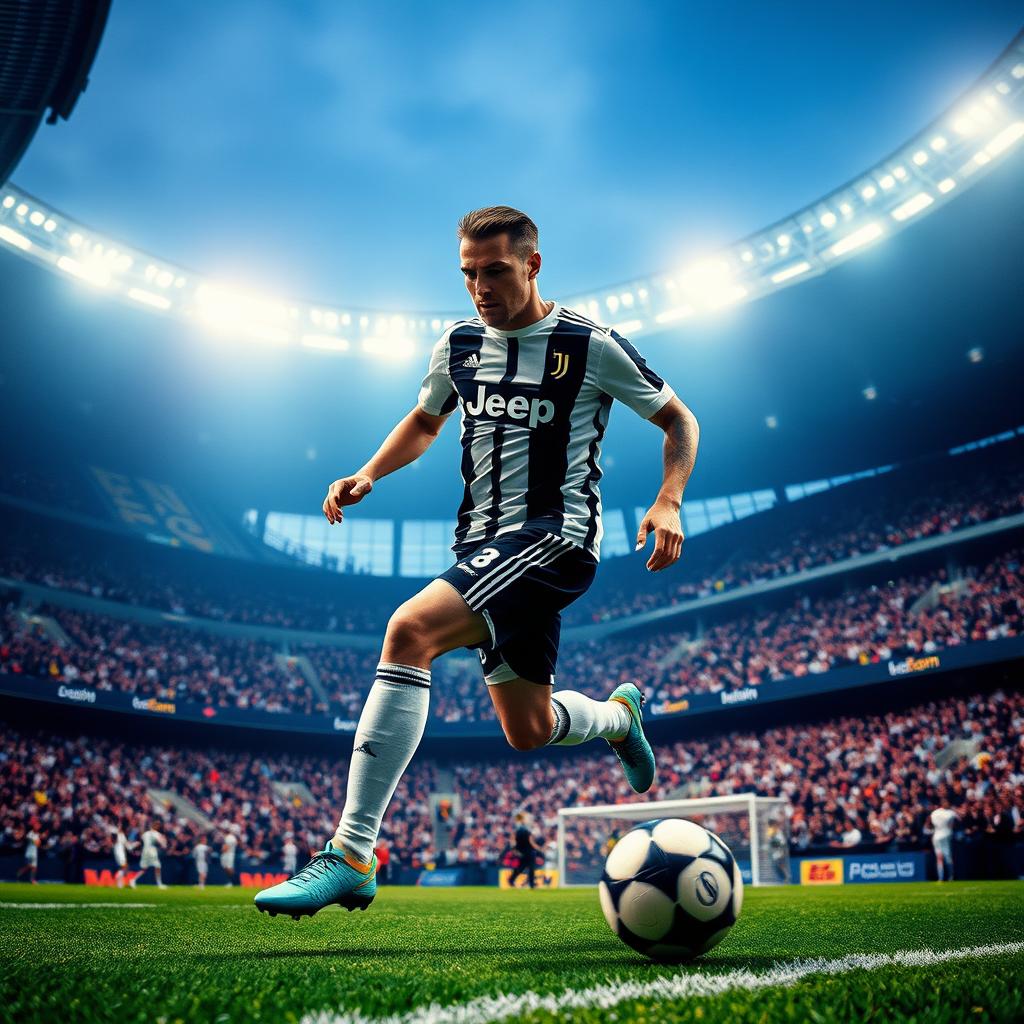 A dynamic scene featuring Vlahovic Dusan, a tall and athletic professional football player, captured in action inside the Allianz Stadium