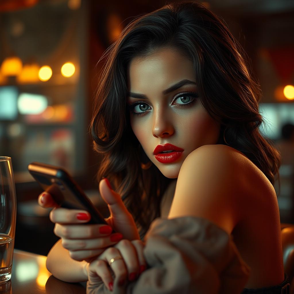 A masterpiece photograph of a woman with expressive eyes and a perfect face sitting in a bar