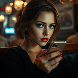 A masterpiece photograph of a woman with expressive eyes and a perfect face sitting in a bar