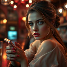 A masterpiece photograph of a woman with expressive eyes and a perfect face sitting in a bar