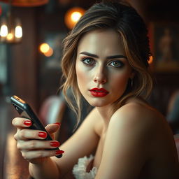 A masterpiece photograph of a woman with expressive eyes and a perfect face sitting in a bar