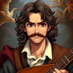 A human bard aged between 25 and 30 years with slightly curly long brown hair, a fancy mustache, and brown eyes that carry a serious look